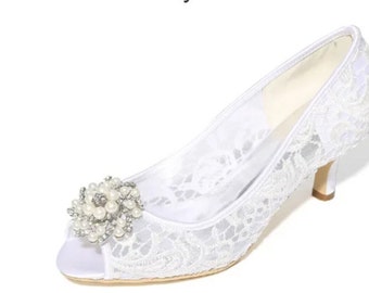 AnjaBarlowBridal* SARAH mid low flat heel ivory or white open peep toe bridal shoes crystals pearls rhinestones