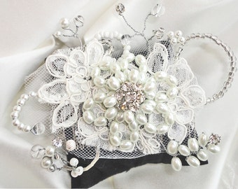 VERA Lace, pearls, beads, rhinestones bridal white headpiece / haircomb