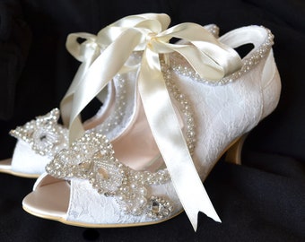 AnjaBarlowBridal* DIANA Bridal vintage Victorian low mid heel ivory or white peep open toe lace shoes with lace pearls rhinestone ribbon tie