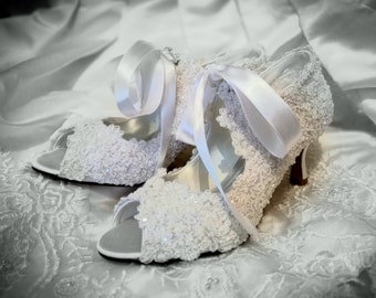 AnjaBarlowBridal* ANNA peep toe fairy tale high mid low heel ribbon tie bridal shoes flower beaded Alencon lace pearls