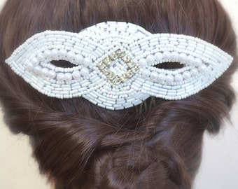 OLGA Vintage style bridal white Celtic style head piece / hair comb - adorned with beads and sparkly rhinestones