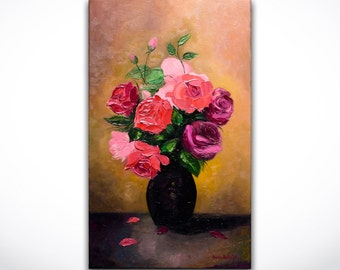 Vase of Roses - ORIGINAL Modern Red Rose Oil Painting Contemporary Bouquet Impasto Thick Texture Art by Denisa Laura Ready to Hang 12x20