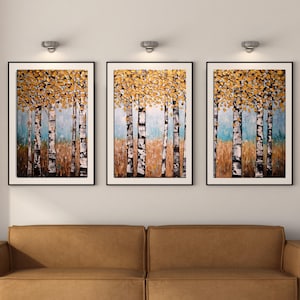 Trittico originale di betulla dorata: dipinto a olio di paesaggio autunnale in impasto