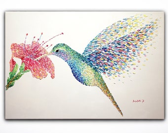 Regenbogen Kolibri Gemälde, Original buntes Geschenk für Raumdekor, strukturiertes Ölgemälde, Spachtel, moderne Kunst auf großer Leinwand