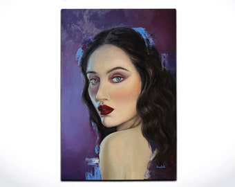 Hermosa pintura de retratos de mujer, Pintura al óleo sobre lienzo, Pintura de mujer realista, Arte de retrato moderno, Obra de arte original