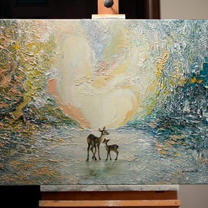 現代抽象鹿絵画、母鹿と子鹿の壁アートデザイン、大型モダン野生動物装飾、感情的な母子アート