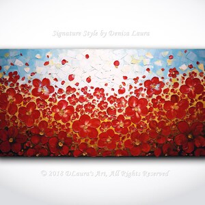 Red Flower Landscape Painting Contemporary Art ORIGINAL Abstract Flowers Texture Oil Painting Palette Knife Art 40x20 Canvas by Denisa Laura