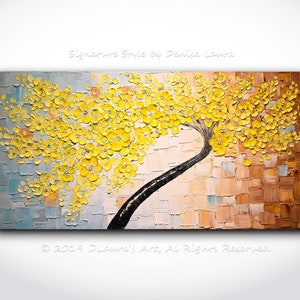 Yellow Blossom Tree Painting: Impasto Palette Knife Art (40x20)