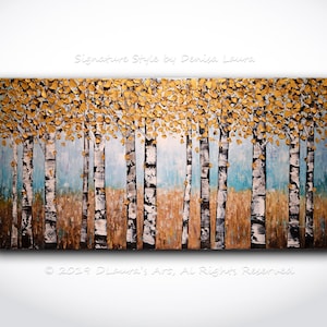 ORIGINAL Abstract Gold Birch Tree Painting Impasto Autumn Landscape Oil Painting Heavy Textured 3d Modern Palette Knife Art by Denisa Laura