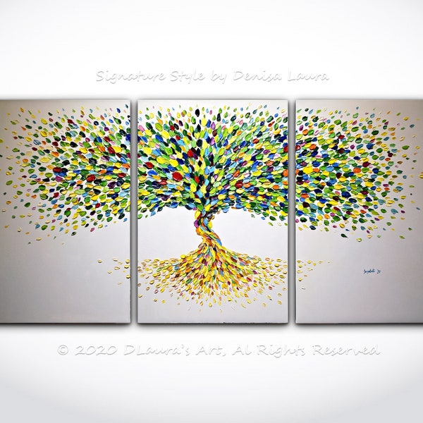 Arbre moderne triptyque peinture ORIGINAL abstrait coloré fleur arbre Palette couteau empâtement texturé huile énorme Art par Denisa Laura