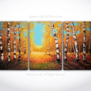 Triptych Birch Forest in Fall Oil Painting ORIGINAL Modern Contemporary Birch Trees in Autumn Palette Knife 3d Texture Landscape Huge Size