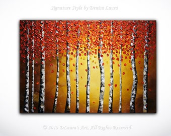 Contemporary ORIGINAL Abstract Modern Aspen Tree Landscape Fine Art Bright Oil Palette Knife Painting on Canvas Made2Order by Denisa