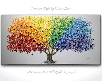 Contemporary Tree of Life Original Painting Rainbow Tree  Modern Art Large Size Tree Painting 3d Impasto Texture Art Gift by Denisa Laura