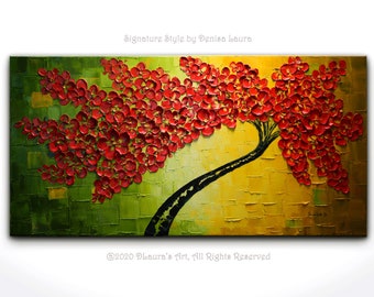 Groot olieverfschilderij kersenbloesemboom, abstracte impasto canvaskunst, roze bloemen muur decor, Japans geïnspireerde kunst, cadeau natuurliefhebber