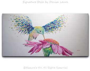 Contemporary Hummingbird Oil Painting, ORIGINAL Modern Rainbow Bird Art, 3d Textured Colorful Bird Palette Knife Art by Denisa Laura