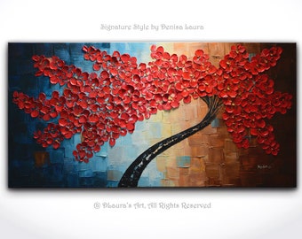 Modern Tree Art, ORIGINAL Large oil painting, Abstract Red Blossom Tree, Palette Knife, Impasto oil, Texture 3d Art, Cherry tree by Denisa