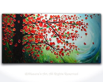 Pintura de árbol de otoño, pintura al óleo original, arte 3d, pintura abstracta, hojas rojas texturizadas en otoño, arte de árbol por Denisa Laura