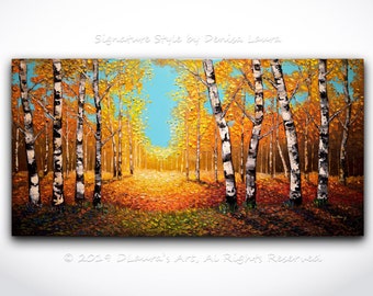 Birch Forest Oil Painting ORIGINAL Modern Contemporary Birch Trees in Fall Palette Knife Texture Landscape Gallery Art 40x20 by Denisa Laura