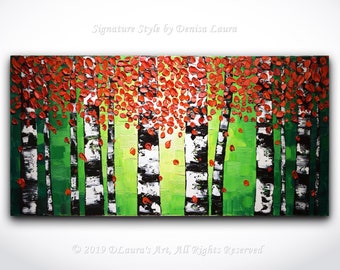 ORIGINAL Abstract Red Birch Trees Painting Impasto Autumn Landscape Oil Painting Heavy Textured Modern Palette Knife Art 40x20 by Denisa