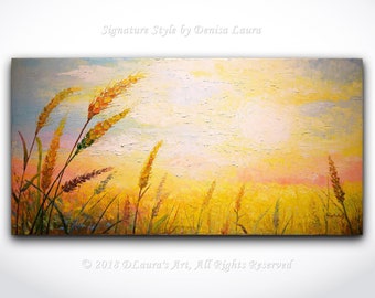 Contemporary Wheat Field Oil Painting with Warm Colors Sunset Landscape Large Modern Art Impasto 3d Texture Oil Painting by Denisa Laura