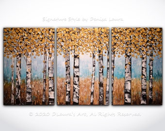 Huge ORIGINAL Triptych Abstract Gold Birch Tree Painting Impasto Autumn Landscape Oil Painting Heavy Textured Palette Knife Art by Denisa
