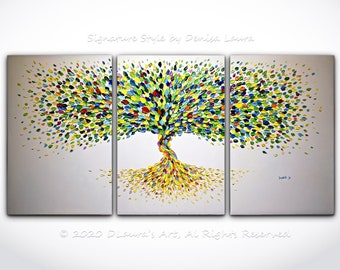 Modern Tree Triptych Painting ORIGINAL Abstract Colorful Blossom Tree Palette Knife Impasto Textured Oil Huge Art by Denisa Laura