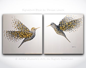 Contemporary Abstract Gold Hummingbirds Diptych Painting ORIGINAL Gold Birds Textured Oil Painting Palette Knife Modern Art Canvas by Denisa