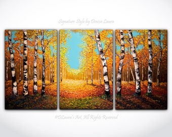 Trittico Foresta di betulle in autunno Pittura a olio ORIGINALE Contemporaneo moderno Alberi di betulla in autunno Spatola 3d Texture Paesaggio Dimensioni enormi