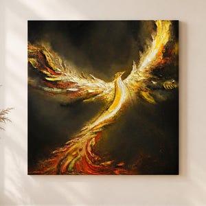 オリジナルフェニックス油絵：火の鳥インパストアート（35.5x23.5