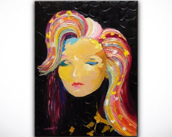 Moderne Kunst Portrait Malerei ORIGINAL Spachtel Pop Frau Impasto Öl Kunst auf 12x16 Leinwand von Denisa Laura