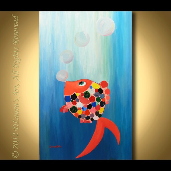 ORIGINAL Large Abstract Contemporary Fine Art Multicolor Thick Texture Fish on Aqua Blue Painting "Heading for the Light" on 20x32 Canvas