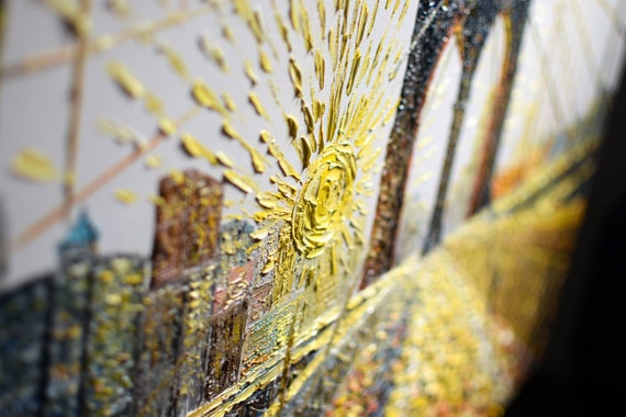 ニューヨーク　ブルックリン橋　油絵 オリジナルのブルックリン橋の油絵：テクスチャーのある