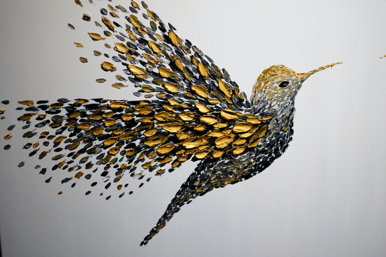 Hedendaagse abstracte gouden kolibries tweeluik schilderij origineel gouden vogels getextureerde olieverf paletmes moderne kunst canvas door Denisa afbeelding 5