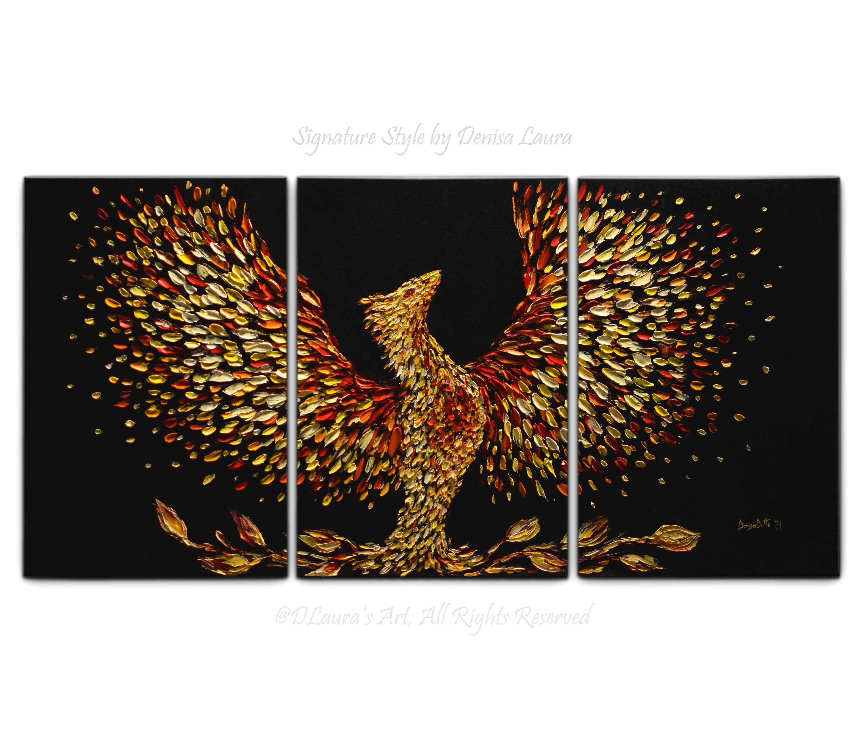 フェニックス・バード・ライジング：大型3Dテクスチャーインパスト油絵