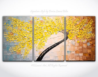 Huge Size Original Contemporary Tree Triptych Painting, Abstract Yellow Blossom Tree Home Decor 3d Textured Wall Art by Denisa Laura