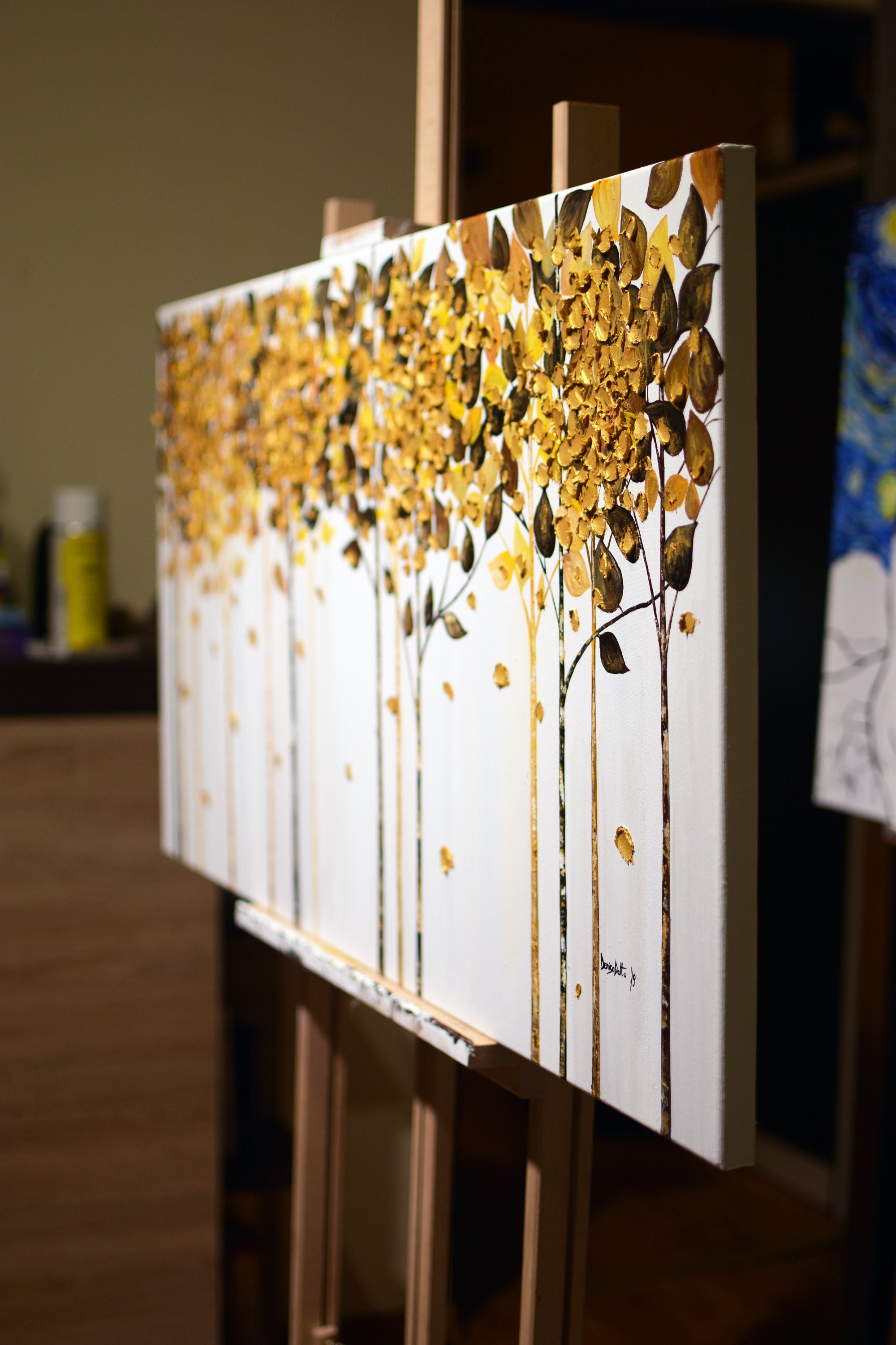 Huge ORIGINAL Triptych Abstract Gold Leaf Tree Painting Etsy UK