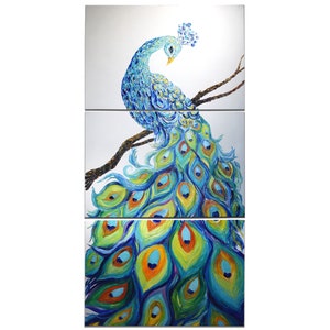 Pintura al óleo original del pavo real enorme Plumas del pavo real del arco iris Pintura moderna del cuchillo de paleta Arte contemporáneo del pájaro de la textura 3d por Denisa Laura