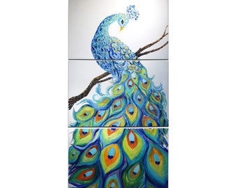 Huge Peacock Original Oil Painting Rainbow Peacock Feathers Modern Palette Knife Painting Contemporary 3d Texture Bird Art by Denisa Laura