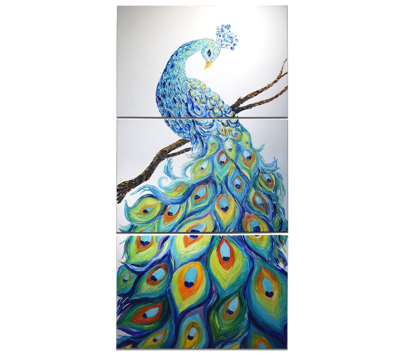 Huge Peacock Original Oil Painting Rainbow Peacock Feathers Modern Palette Knife Painting Contemporary 3d Texture Bird Art by Denisa Laura image 1