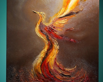 Original Phoenix Oil Painting on Canvas: Abstract Firebird Wall