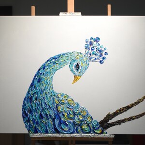 Huge Peacock Original Oil Painting Rainbow Peacock Feathers Modern Palette Knife Painting Contemporary 3d Texture Bird Art by Denisa Laura image 2