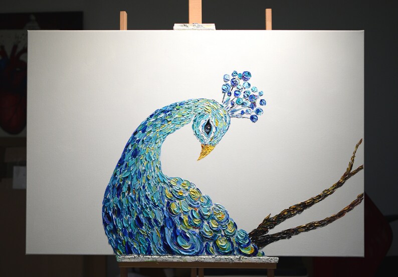 Huge Peacock Original Oil Painting Rainbow Peacock Feathers Modern Palette Knife Painting Contemporary 3d Texture Bird Art by Denisa Laura image 2