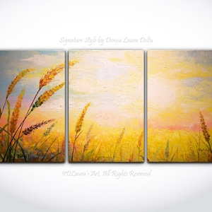 Enorme campo de trigo original pintura contemporánea atardecer paisaje paleta cuchillo pared arte grande pintura brillante por Denisa Laura