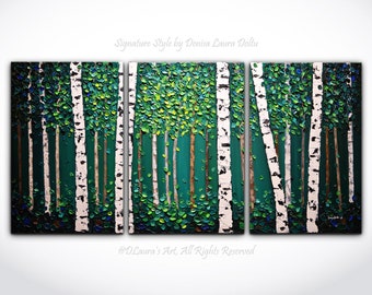 Huge ORIGINAL Triptych Abstract Birch Tree Painting, Impasto Oil Landscape, Forest Painting, Textured Palette Knife Art by Denisa