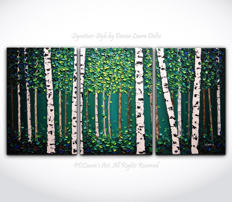 Huge ORIGINAL Triptych Abstract Birch Tree Painting, Impasto Oil Landscape, Forest Painting, Textured Palette Knife Art by Denisa image 1