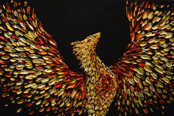 フェニックス・バード・ライジング：大型3Dテクスチャーインパスト油絵