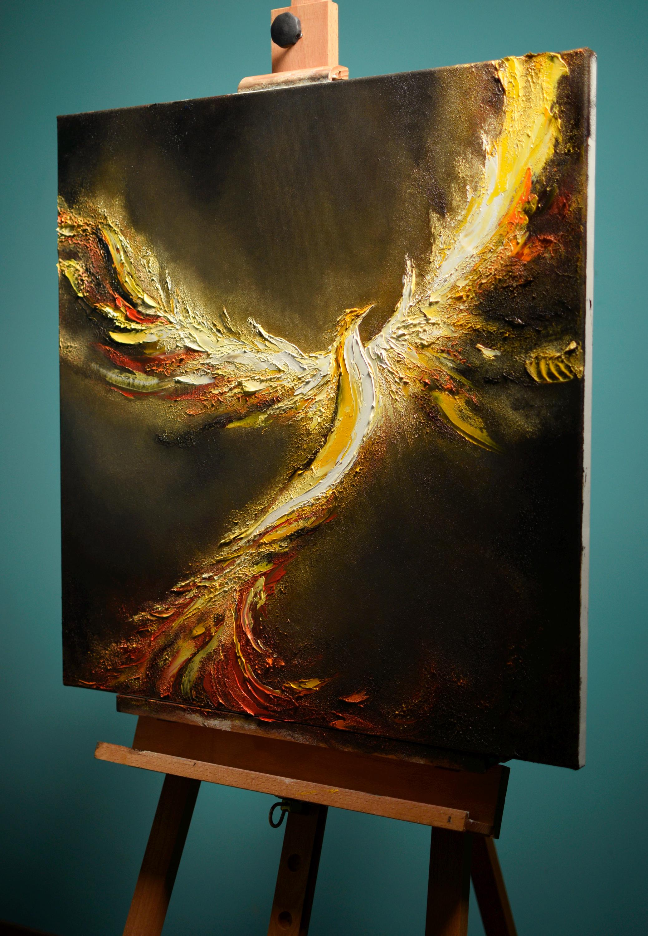 油絵 絵画 【フェニックス】 Original Phoenix Oil Painting on Canvas: Abstract Firebird Wall