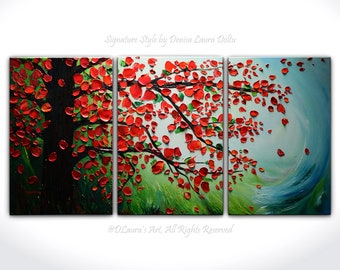 Huge ORIGINAL Autumn Painting 3d Impasto Textured Art Abstract Tree Leaves in Fall Contemporary Tree Triptych Painting by Denisa Laura