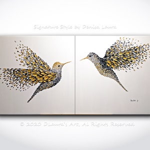 Hedendaagse abstracte gouden kolibries tweeluik schilderij origineel gouden vogels getextureerde olieverf paletmes moderne kunst canvas door Denisa afbeelding 2