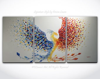 オリジナルフェニックス油絵：火の鳥インパストアート（35.5x23.5
